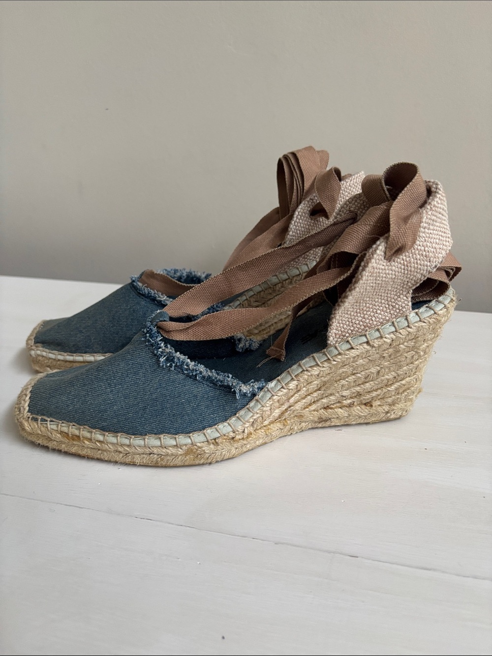 American Eagle  Women's Blue Denim Lace-up Wedge Espadrilles - Picture 2 of 4
